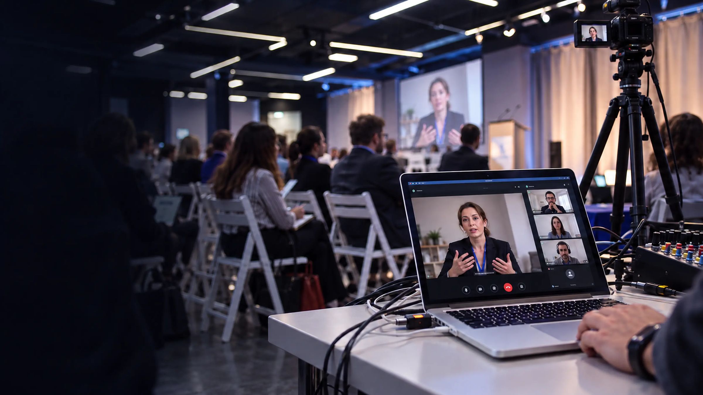 Illustration: a conference hall with participants and an online session on the big screen and a laptop